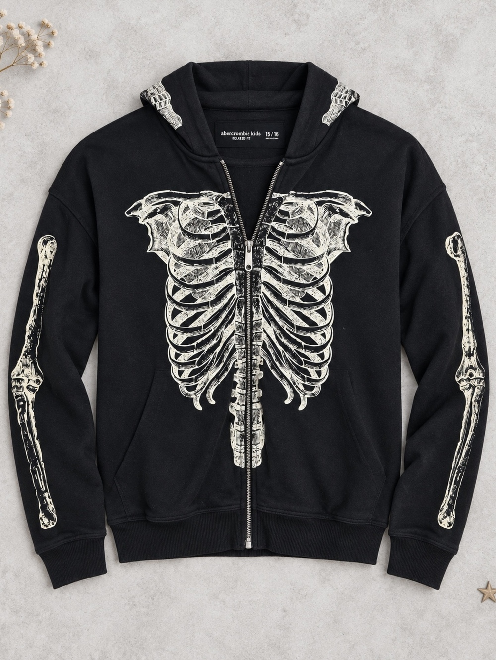 Abercrombie Kids Skeleton Print Zip-Up Hoodie Black 15/16